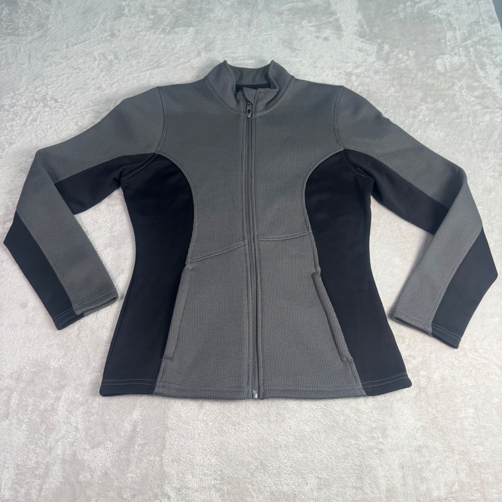 Spyder Womens Gray Black Waffle Knit Full Zip Fleece Jacket Medium Athleisure‎